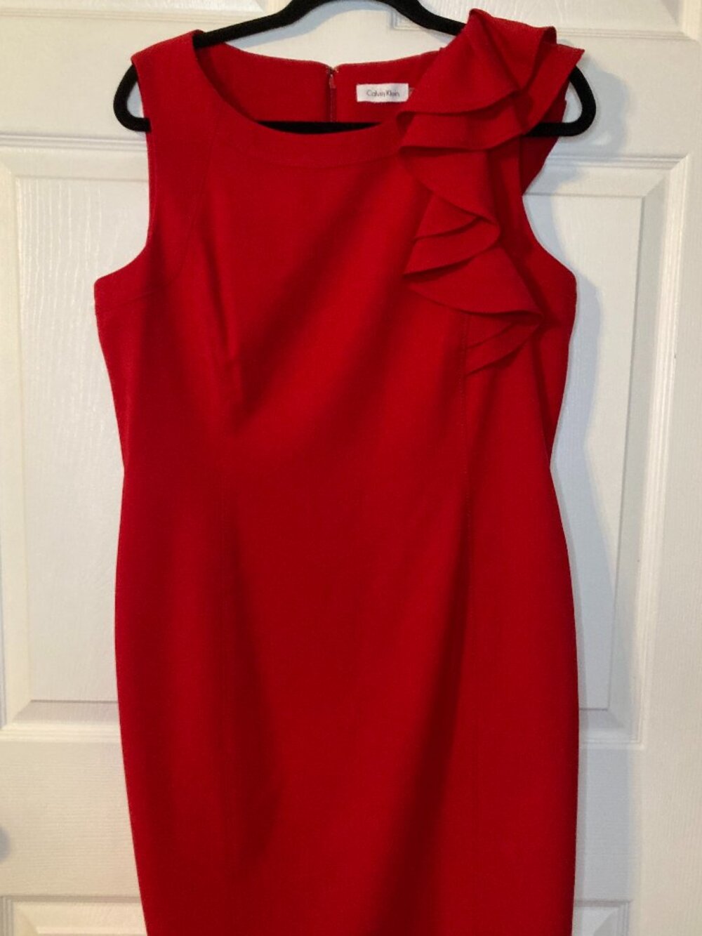 Calvin Klein Women's Red Sheath Dress - Left Shoulder Ruffle - Size 14